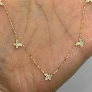 Dainty Diamond Butterfly Necklace, Butterfly Station Necklace, 14K Rose Gold Butterfly Diamond Necklace, Butterfly Diamond Chain