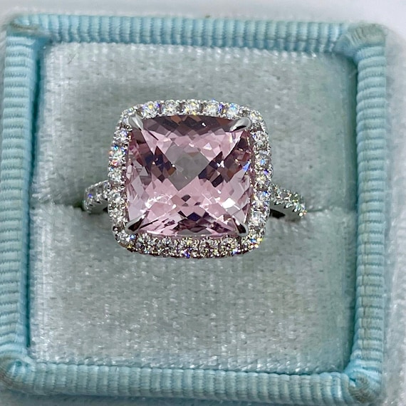 Pink Morganite Ring, Cushion Cut Morganite Engagement Ring, 14K White Gold Cushion Halo Morganite and Diamond Ring