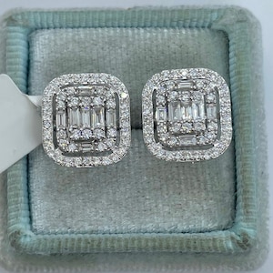 Emerald Cut Halo Earrings, Diamond Stud Earrings, Emerald Cut Studs, Baguette Earrings, Emerald Cut Diamond Earrings 14K White Gold