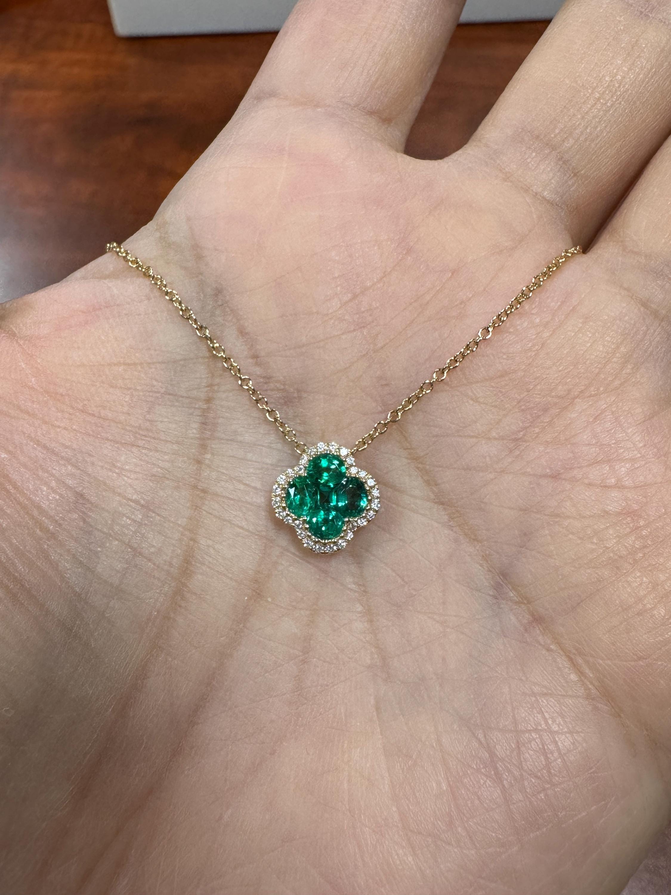 Emerald and Diamond Necklace, Natural Emerald Flower Necklace