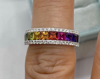 18K White Gold Rainbow Sapphire Diamond Band Ring