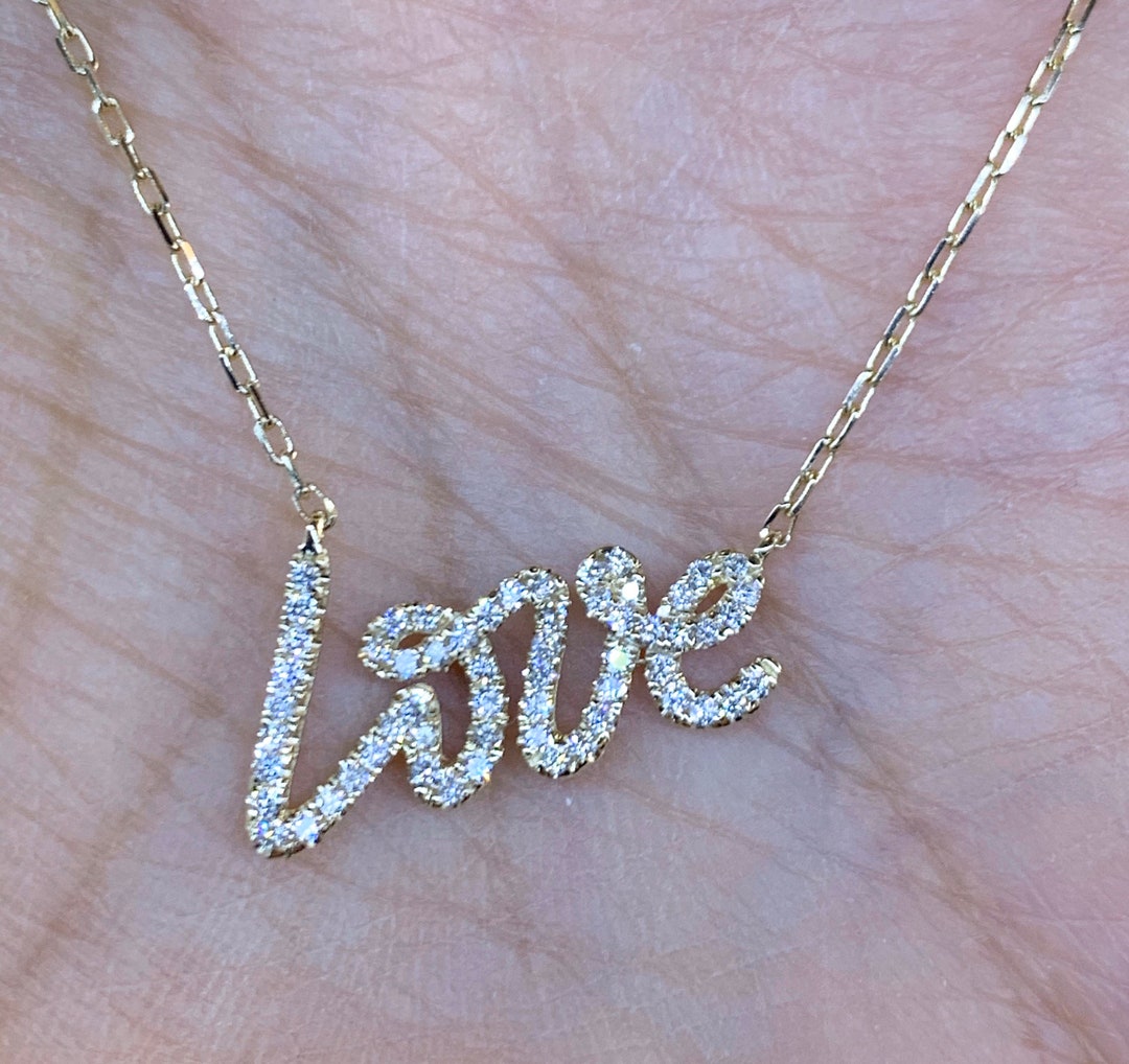 Diamond Love Necklace, 14K Yellow Gold Diamond Pave Love Pendant, Diamond  Love Necklace - Etsy