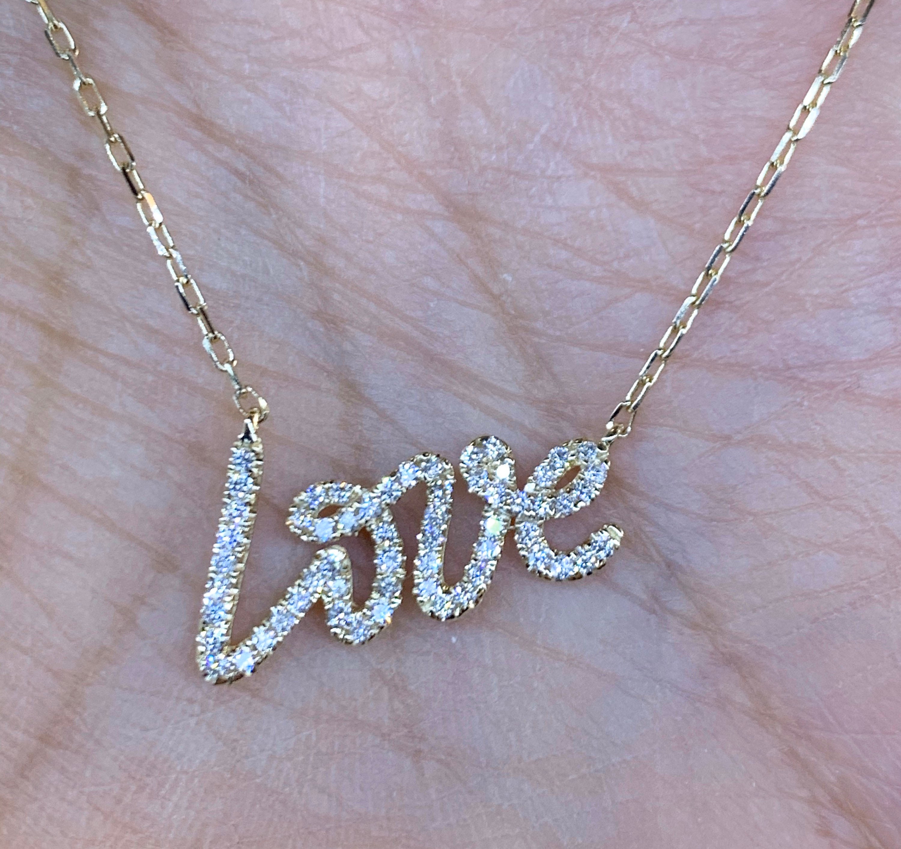 Diamond Love Necklace 14K Yellow Gold Diamond Pave Love Pendant Diamond Love Necklace Etsy Canada