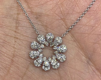 Gorgeous Diamond Pendant Necklace, 18K White Gold Round Diamond Pendant, Diamond Flower Pendant, Genuine Diamond Wreath Pendant 0.95 Carats