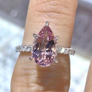 Elongated Pear Morganite Ring Engagement Ring, Pink Morganite Ring, 14K White Gold Pear Shaped Morganite Ring Under Halo Pave Band