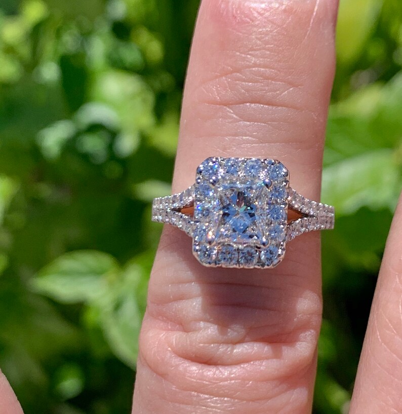 Diamond Engagement Ring Radiant Cut Halo Split Shank Ring Etsy