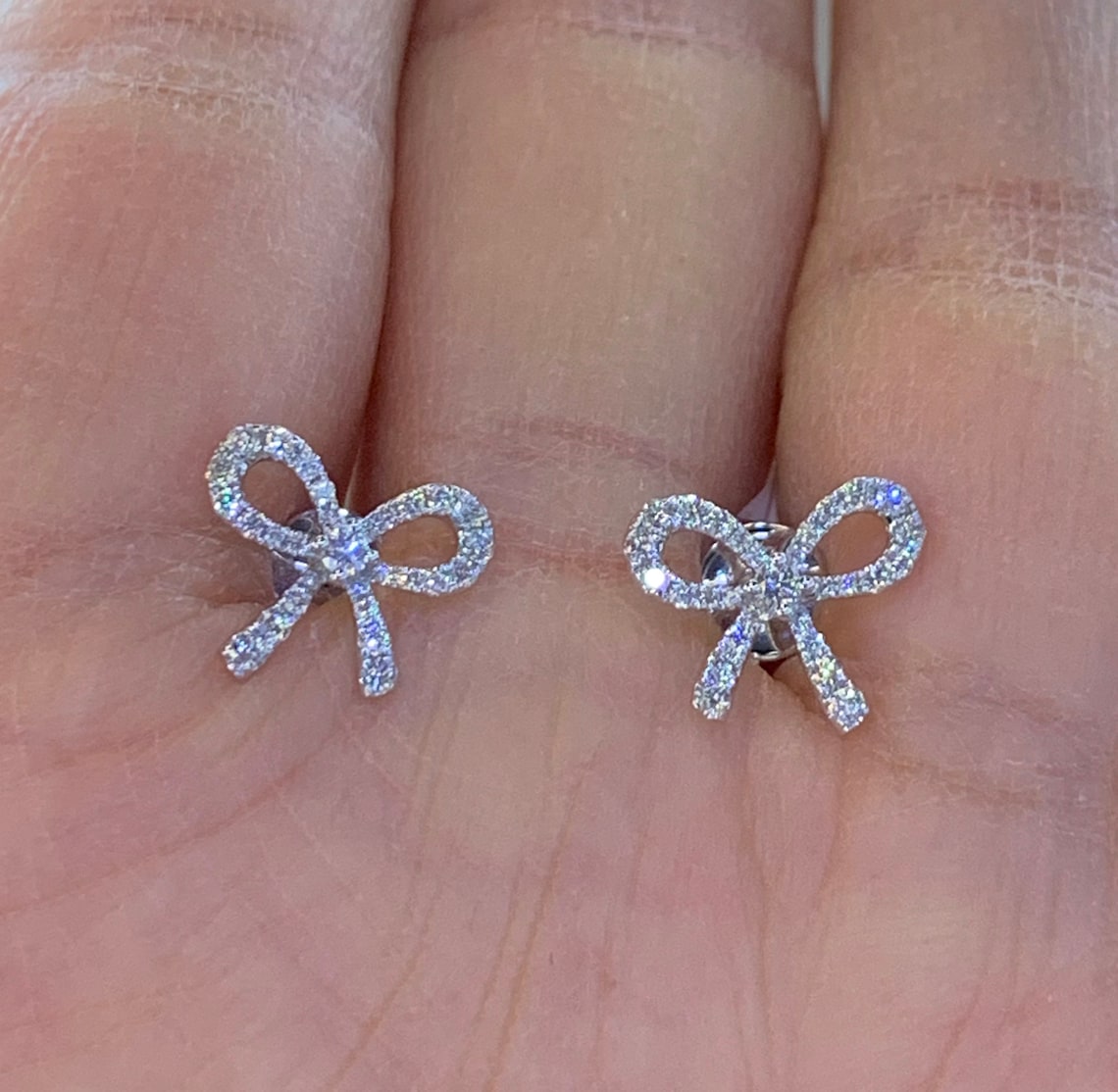 Diamond Bow Earrings Bow Diamond Studs 18K White Gold Etsy