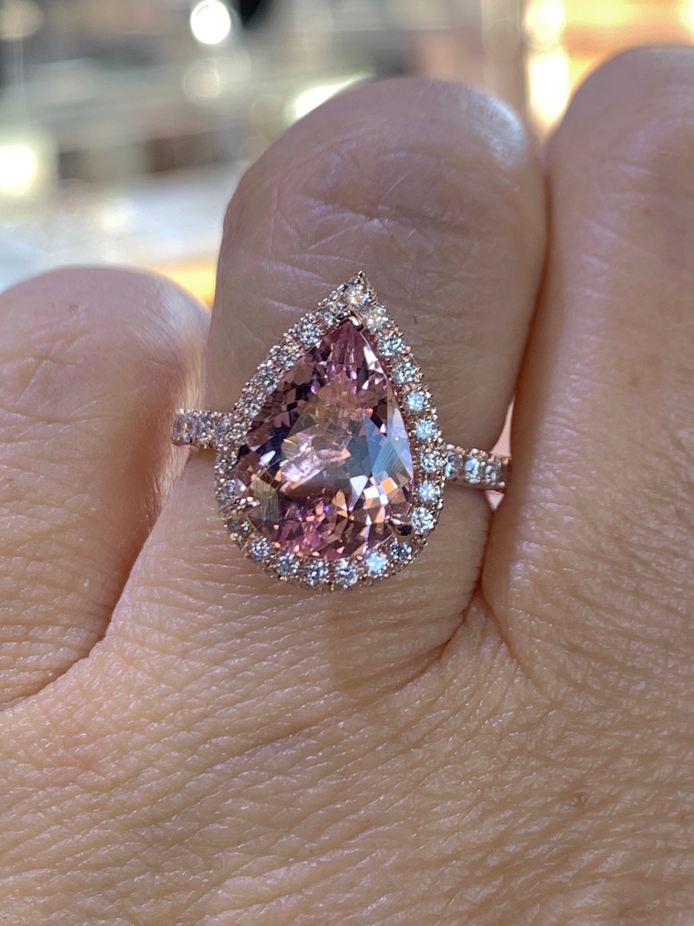 Pear Morganite Diamond Halo Ring, 14K Rose Gold Engagement Ring - Etsy