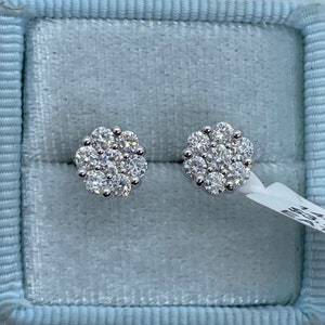 Diamond Stud Earrings, Flower Cluster Diamond Earrings, Genuine Diamond Earrings Screw On Backings 0.74 Carats Diamonds 14K Yellow gold
