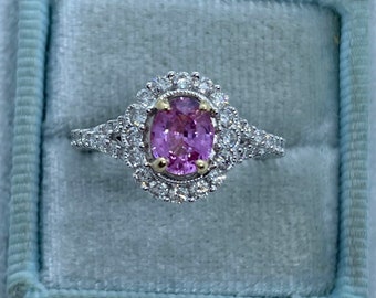 Pink Sapphire Diamond Halo Ring, 18K White Gold Engagement Ring