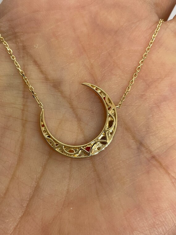 サファイア ムーン ネックレス、18K イエロー ゴールド マルチ サファイア ムーン ネックレス、18K イエロー ゴールド マルチ