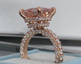 Morganite Diamond Engagement Ring, Cushion Morganite Ring, Cushion Cut Morganite Ring, 14K Rose Gold Morganite Wedding Set Anniversary Ring