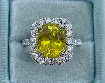 5カラット GIA 認定 カナリーイエローサファイアリング：クッション