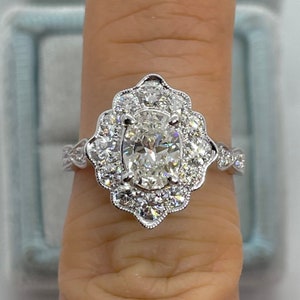 Natural Diamond Engagement Ring, Oval Halo Engagement Ring, Art Deco Antique Wedding Ring GIA Certified, Oval Halo Wedding Ring 18K