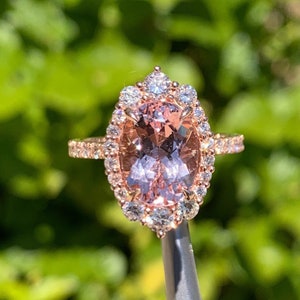 Oval Halo Morganite Diamond Engagement Ring Rose Gold, Genuine Morganite Wedding Ring, Beautiful Pinky Peach Color 2.2 Carats Morganite