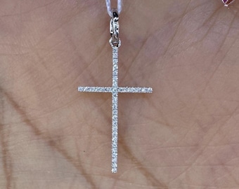 Dainty Diamond Cross Pendant, Solid 18K White Gold, Round Brilliant Cut Diamonds
