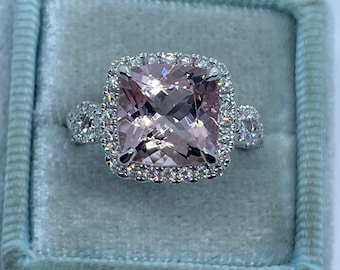 Cushion Cut Morganite Engagement Ring, 14K White Gold Diamond Halo Ring