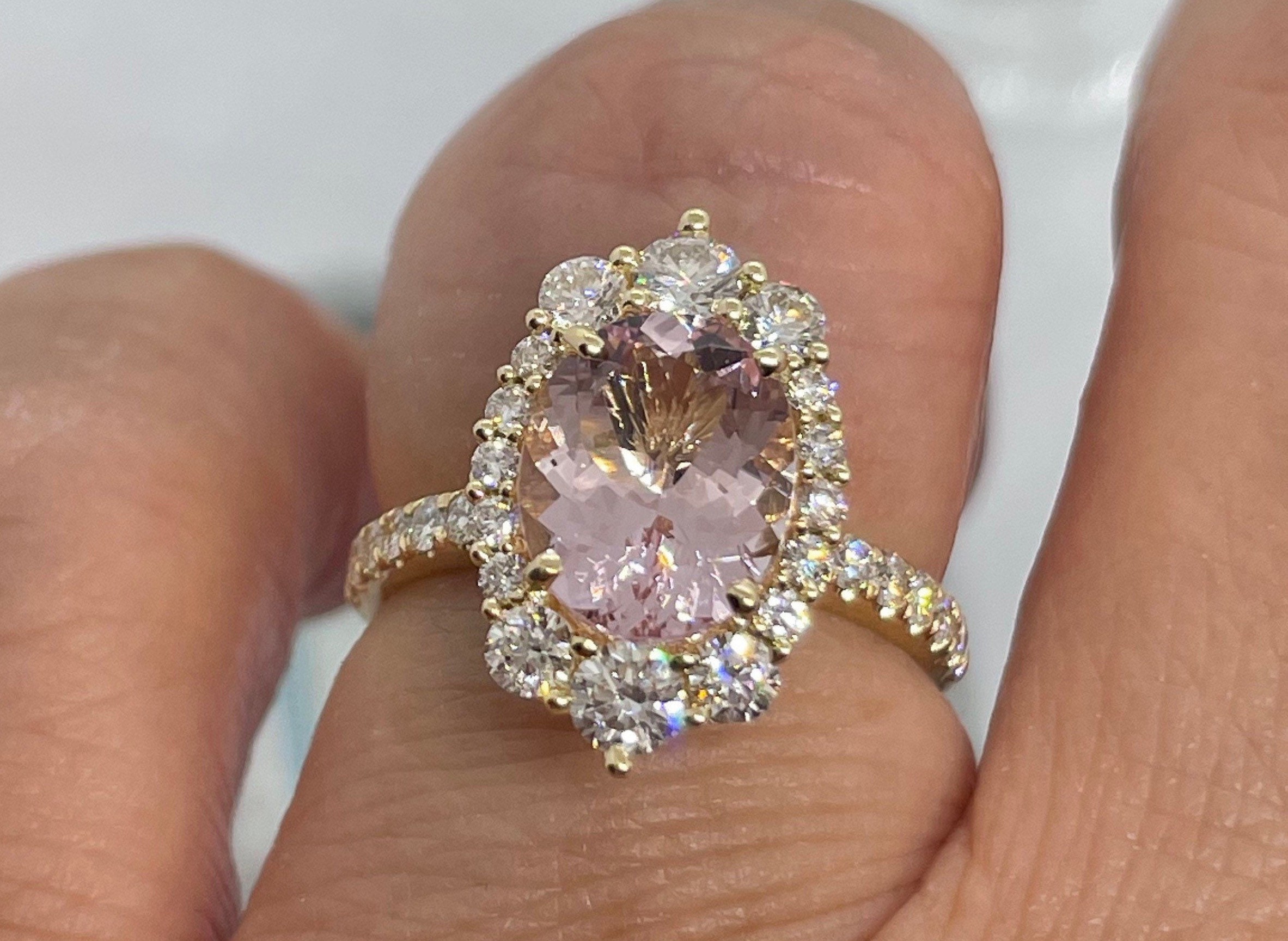 Oval Morganite Diamond Ring, 18K Yellow Gold Oval Morganite Engagement Ring, Morganite and Diamond Wedding Ring