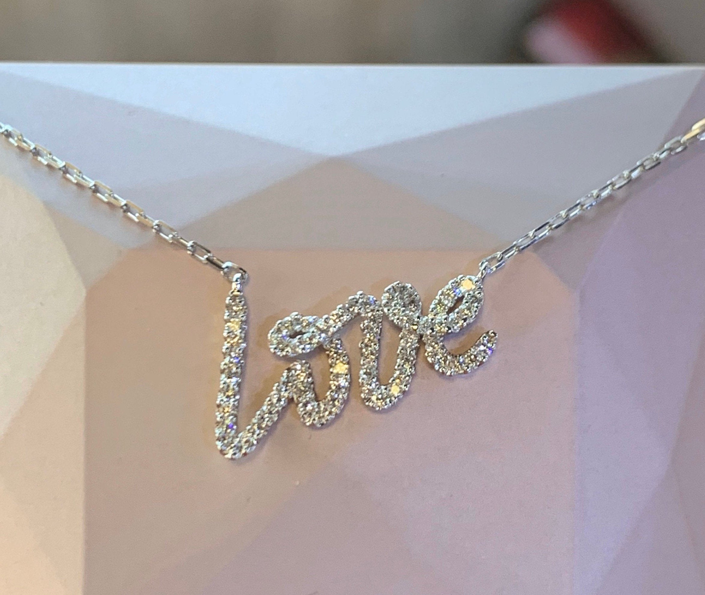 Diamond Love Necklace, 14K Yellow Gold Diamond Pave Love Pendant, Diamond  Love Necklace - Etsy