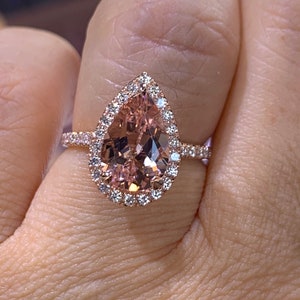 14K Rose Gold Pear Morganite Ring, Diamond Halo, Art Deco Engagement