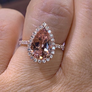 14K Rose Gold Genuine Morganite Diamond Halo Ring Pear Shape Art Deco Antique Engagement Ring Birthstone Ring Promise Ring