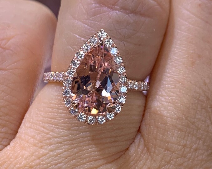 14K Rose Gold Genuine Morganite Diamond Halo Ring Pear Shape - Etsy