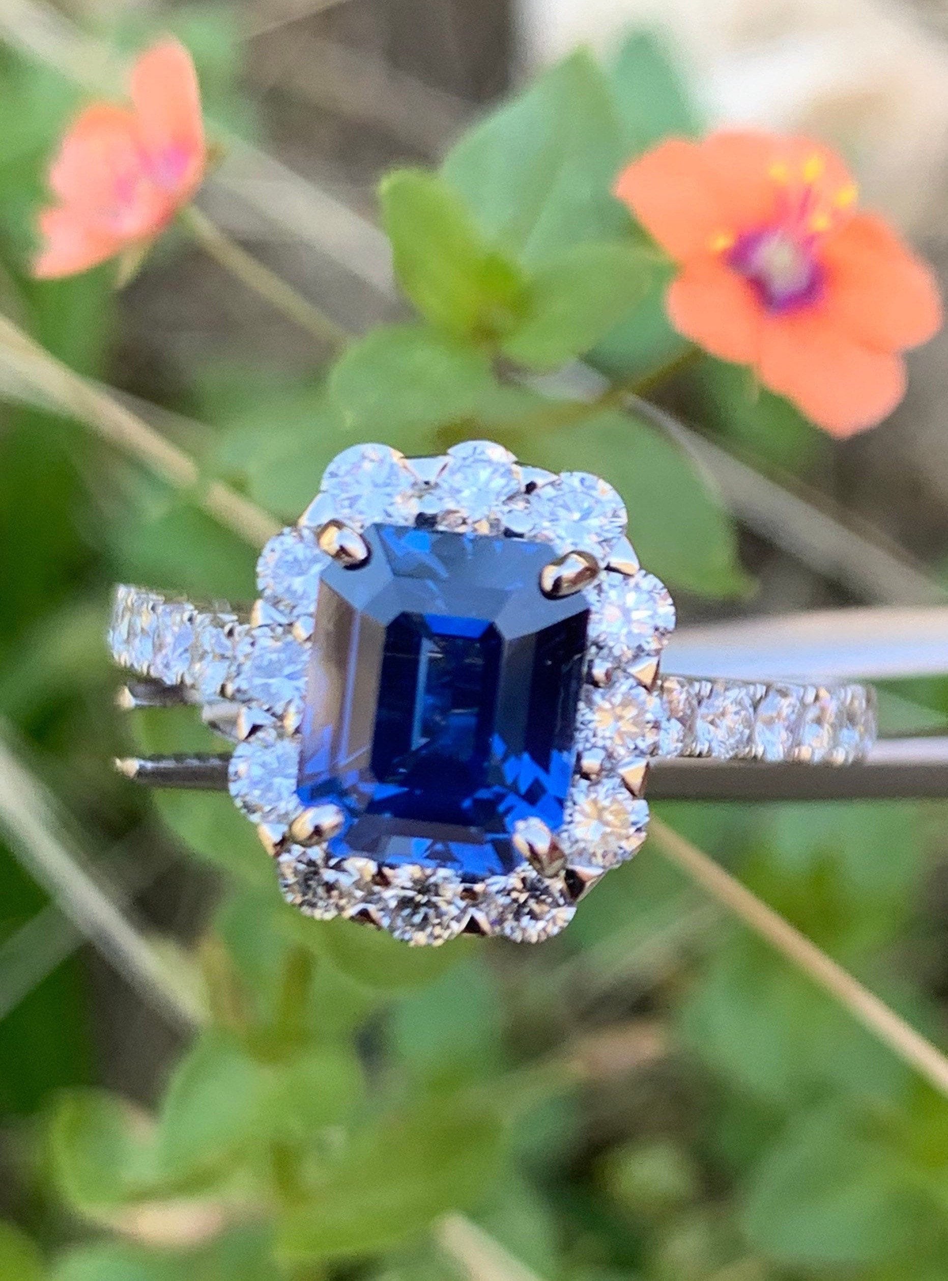 Genuine Sapphire Ring Emerald Cut Sapphire Engagement Ring Real Blue Sapphire 18K White Gold Halo Wedding Ring Handmade Anniversary Ring Etsy