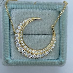 Diamond Moon Necklace Gold, Moon Diamond Necklace, 18K Yellow Gold Crescent Moon Necklace 1.5 Carats Natural Diamonds