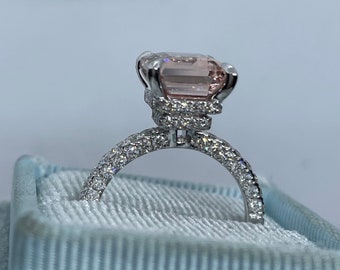 Emerald Cut Morganite and Diamond Ring, Emerald Cut Morganite Engagement Ring, 14K Under Halo Emerald Cut Morganite Wedding Ring