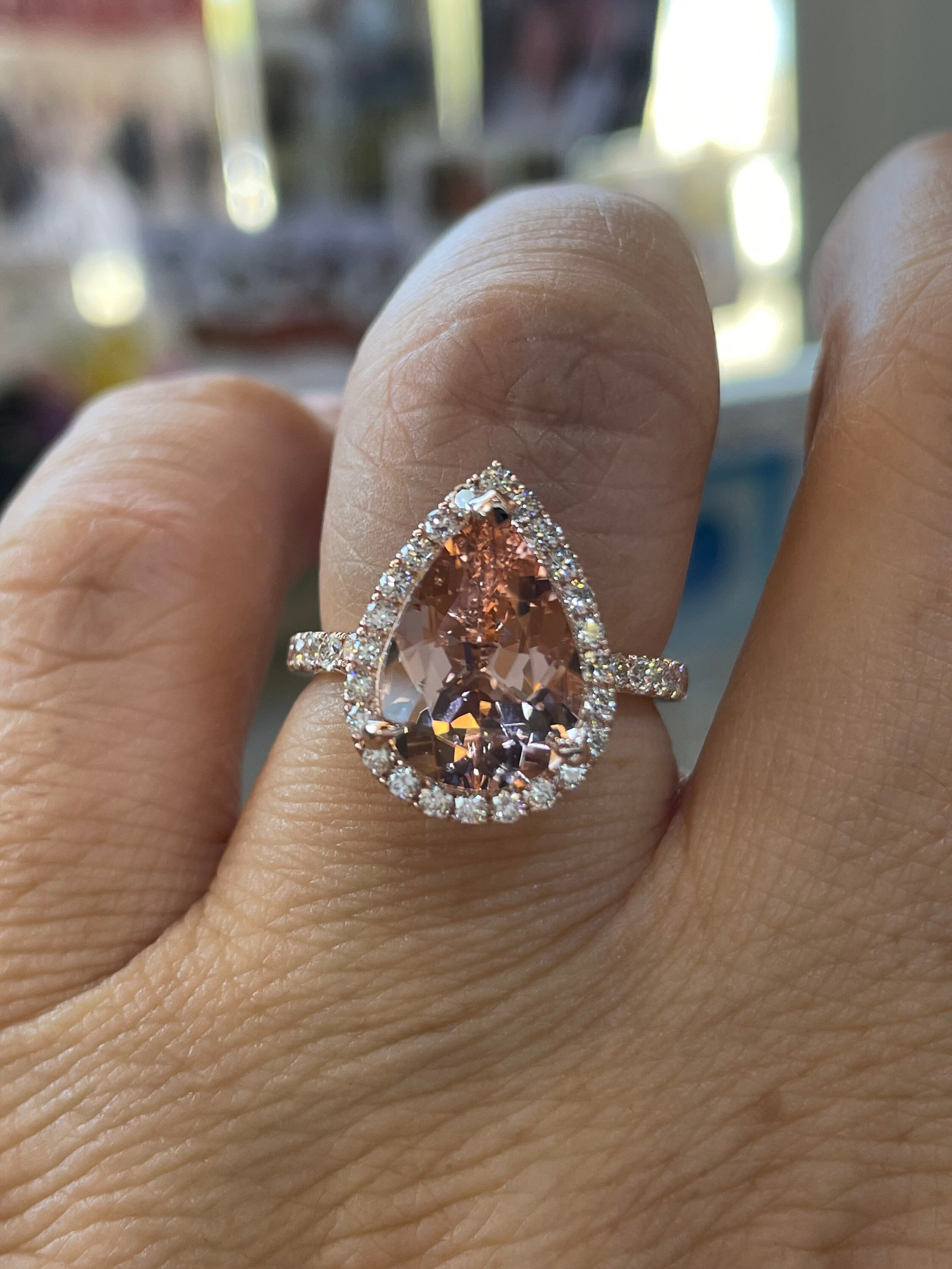Pear Morganite Diamond Halo Engagement Ring, 14K Rose Gold Wedding Ring ...