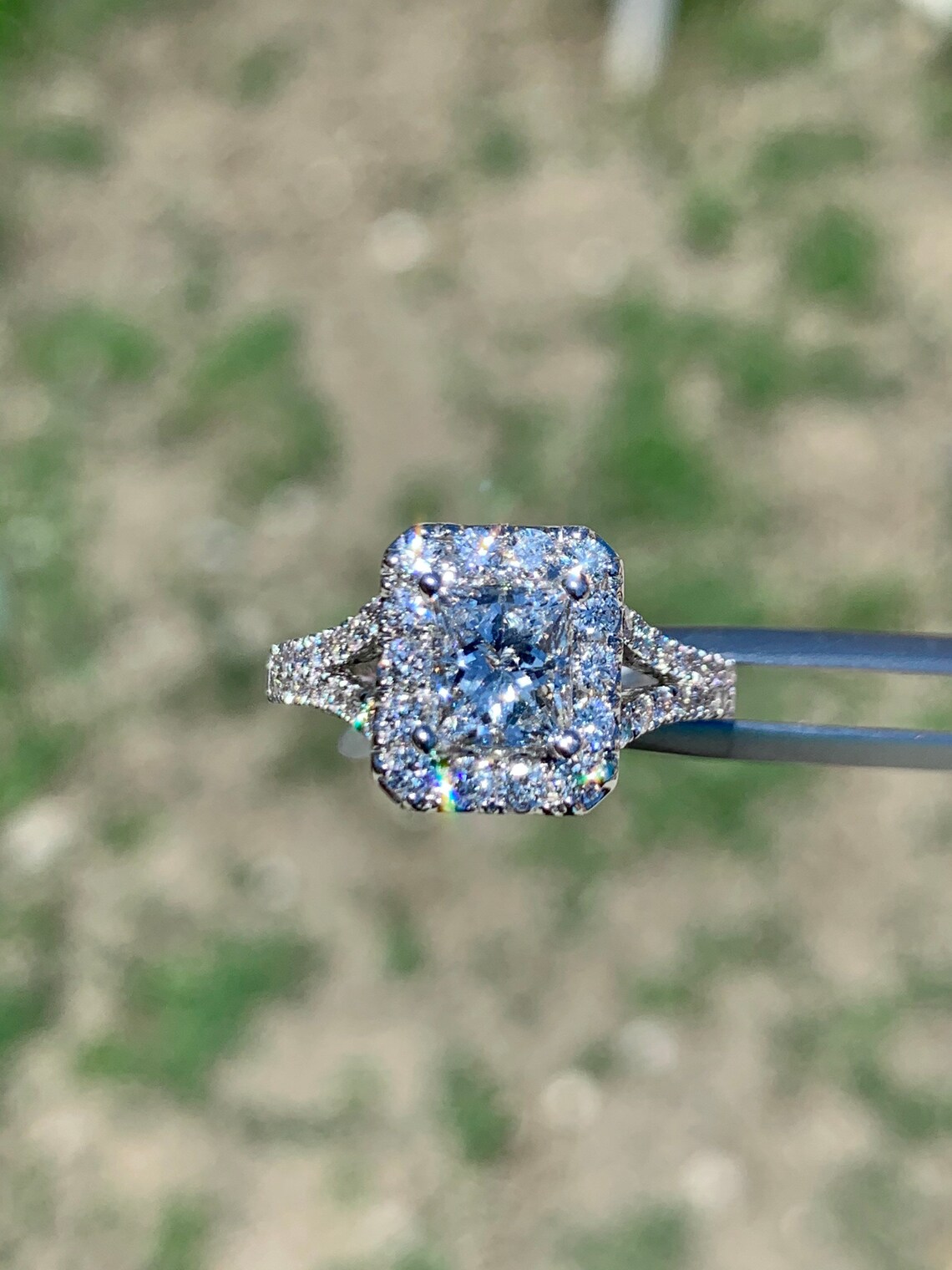 Radiant Cut Halo Diamond Engagement Ring, 18k White Gold Split Shank - Etsy