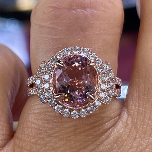 Pink Morganite Ring, Oval Morganite Ring, Morganite Halo Wedding Ring, 18K Rose Gold Morganite and Diamond Ring Art Deco