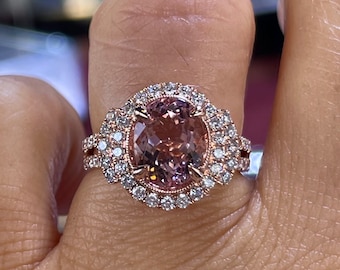 Art Deco Pink Morganite Halo Ring, 18K Rose Gold Diamond Ring