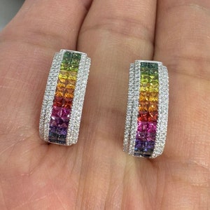 Rainbow Sapphire Hoop Earrings, Rainbow Sapphire Earrings, Multi Color Sapphire and Diamond Earrings 18K White Gold Statement Earrings