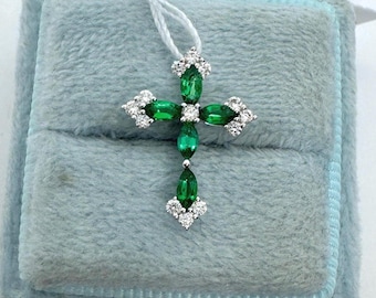Genuine Emerald Cross Pendant, Dainty Emerald Diamond Cross Necklace, 18K White Gold Dainty Cross Emerald