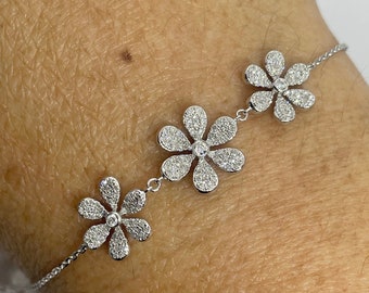 Daisy Flower Diamond Bracelet, 14K White Gold Diamond Flower Bracelet, Dainty Flower Bracelet