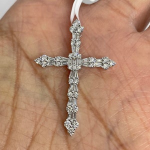 Diamond Cross Pendant, 18K White Gold Genuine Diamond Cross, Baguette Cross Necklace