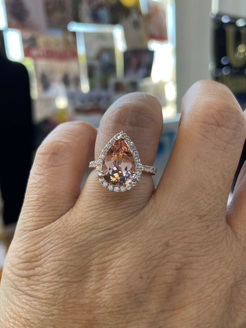 Pear Morganite Diamond Halo Engagement Ring, 14K Rose Gold Wedding Ring ...