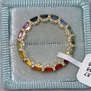 Rainbow Sapphire Eternity Band, Rainbow Sapphire and Diamond Ring, Fancy Sapphire Ring 18K Yellow Gold