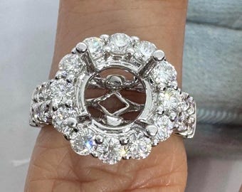 Round Halo Diamond Setting, Diamond Semi Mount Engagement Ring, 18K White Gold Round Halo Wedding Ring Natural Diamonds