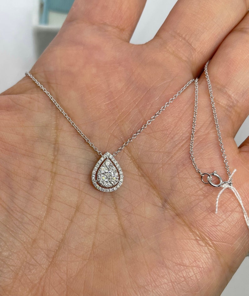 Pear Diamond Pendant, 18K White Gold Tear Drop Diamond Necklace, Diamond Solitaire Necklace Adjustable Chain image 8