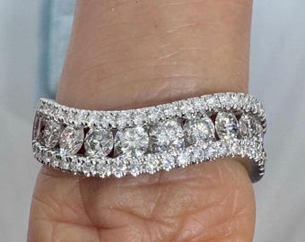 Diamond Anniversary Wedding Band, Diamond Wave Ring, Wave Diamond Ring, Round Diamond Band Ring, 14K White Gold Diamond Anniversary Band