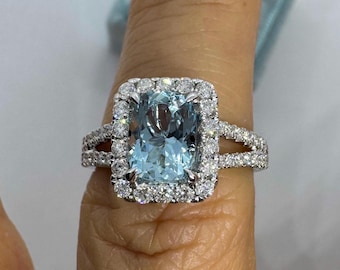 Genuine Aquamarine and Diamond Ring, Cushion Cut Aquamarine