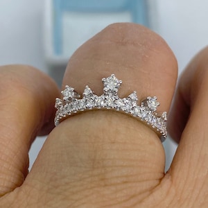 Diamond Crown Ring, Crown Diamond Ring, 18K White Gold Diamond Crown Band, Diamond Matching Band