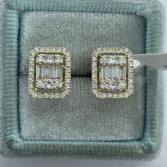 Emerald Cut Diamond Stud Earrings, Baguette and Round Diamond Stud Earrings, 14K Yellow Gold Emerald Cut Halo Earrings