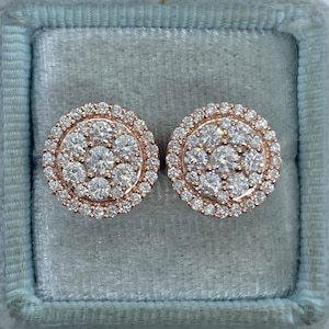Diamond Earrings Studs Rose Gold, Round Halo Cluster Diamond Earrings, Genuine Diamond Earrings Screw On Backings 1.52 Carats Diamonds 14K