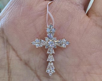 18K Gold Diamond Cross Pendant, Baguette and Round Diamond Cross Necklace, Diamond Cross Necklace Women