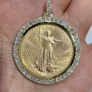 Gold Coin Pendant, One Ounce Gold Coin Bezel Frame Medallion Necklace, Mens Gold Coin Necklace Genuine Diamonds