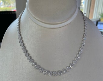 Diamond Tennis Necklace, Diamond Halo Necklace, 18K White Gold Diamond Necklace 10.92 Carats