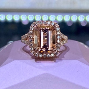 Emerald Cut Morganite Diamond Ring, Cushion Shape Halo Morganite Engagement Ring Rose Gold Morganite Split Shank Wedding Ring 10x8mm